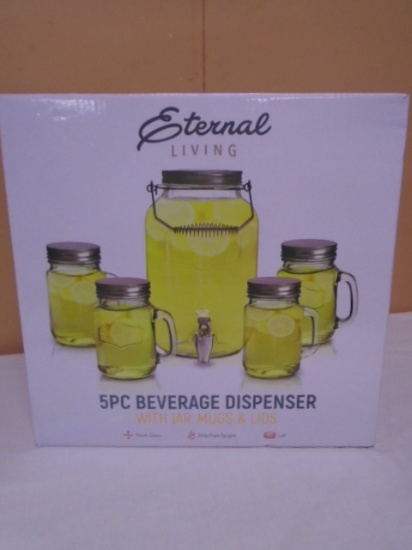Eternal Living 5pc Berverage Dispenser w/ 4 Jar Mugs & Lids