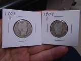 1903 O Mint & 1909 D Mint Silver Barber Quarters