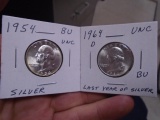 1954 and 1964 D-Mint Silver Washington Quarters