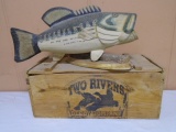 Two Rivers Decoy Company Wooden Advertisement Crate w/ Fish