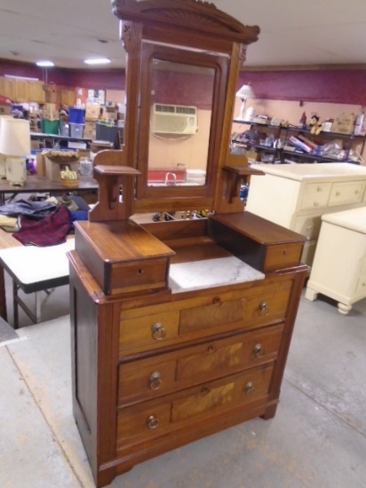 Beautiful Antique 3 Drawer Chest w/ Marble Insert-2 Linen Drawers-Oil Lamp Shelves