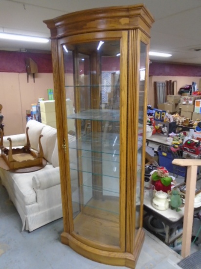 Beautiful Solid Oak Lighted Curio Cabinet w/ Glass Shelves