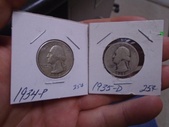 1934 P Mint & 1935 D Mint Silver Washington Quarters