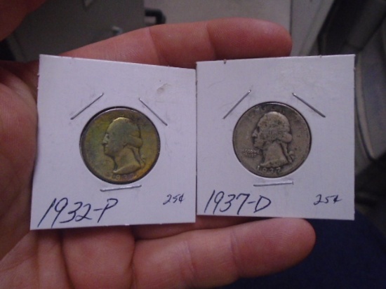 1932 P Mint & 1937 D Mint Silver Washington Quarters