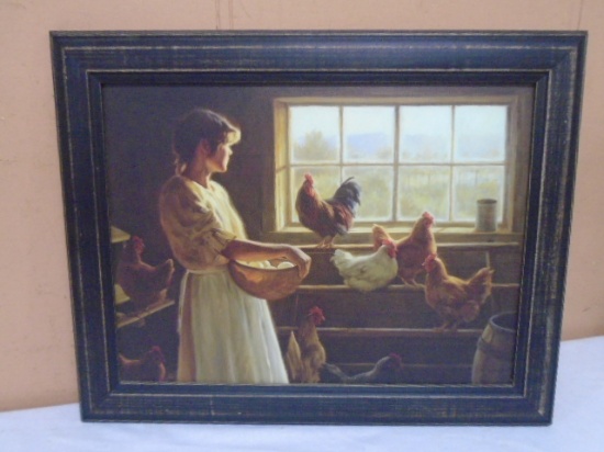 Beautiful Framed Lady w/Chicken Print On Canvas