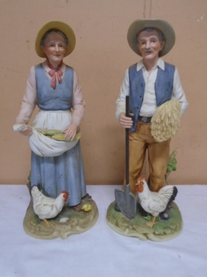 Beautiful Pair of Bisque Man and Woman Figurines w/Chickens