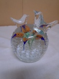 Beautiful Art Glass Paperweight w/2 Birds