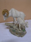 Beautiful Masterpiece Porcelain Big Horn Sheep Ram and Lamb Statue