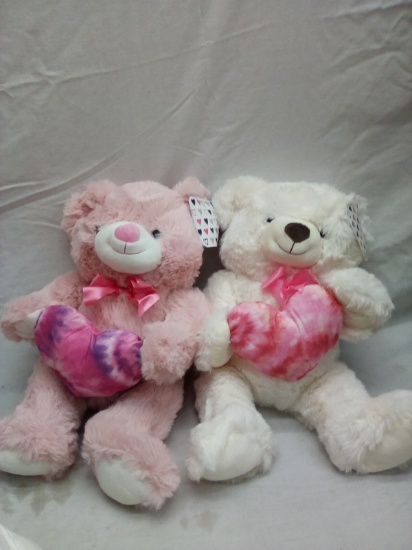 Pair of Kellytoy Plush Gift Bears- One Pink, One White