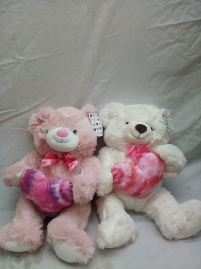 Pair of Kellytoy Plush Gift Bears- One Pink, One White