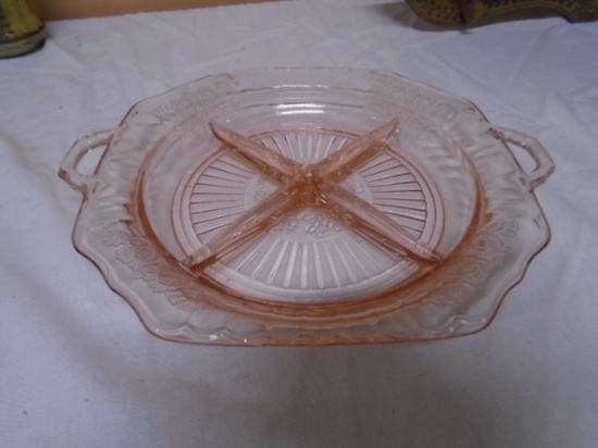 Pink Depression Glass 4 Section Divided Double Handle Plate