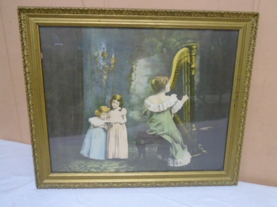 Beautiful Framed Victorian Harp Player Print