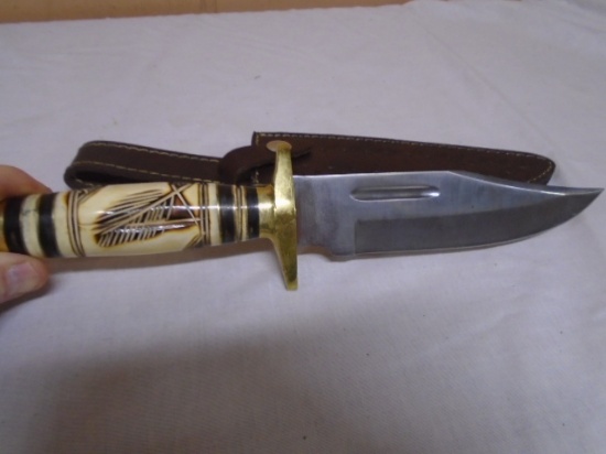 Large Hunting Knife w/ Carved Bone Handle & Leather Sheave