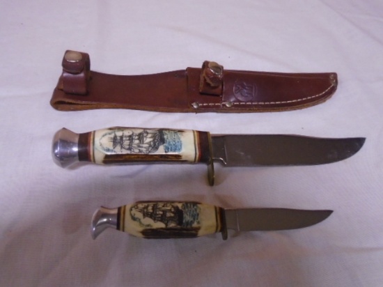 2pc Robi Klaus Soligen Bone Handle Skrimshaw Handle Knife Set w/ Leather Sheave