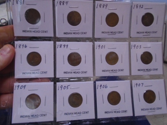 Group of 12 Assorted Date Indian Head Cents