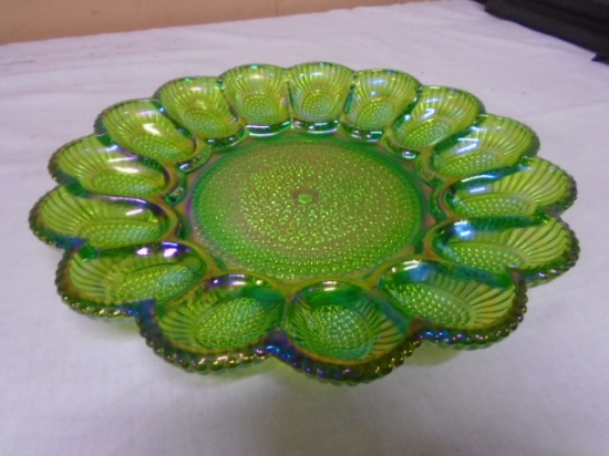 Vintage Indiana Glass Green Iridescent Glass Egg Plate