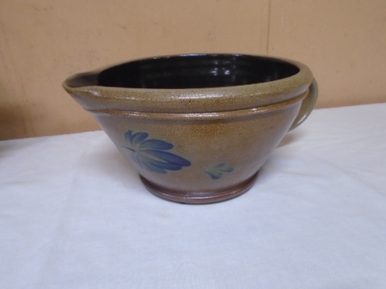 Beautiful Rowe Pottery Salt Glazed Cobalt Crock Mixing Bowl w/ our Spout & Handle
