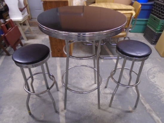 Round Chrome Leg Retro Style Pub Table w/ 2 Matching Stools