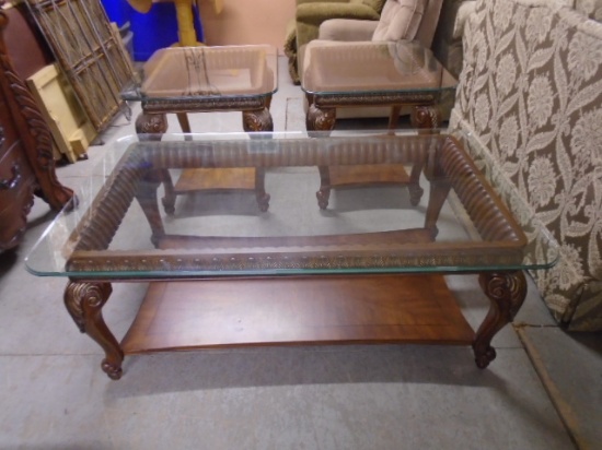 Gorgeous Ornate 3pc Glass Top Coffee & End Table Set