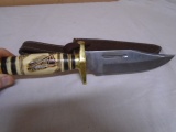 Large Hunting Knife w/ Carved Bone Handle & Leather Sheave