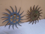 2 Antique Iron Rotary Hoe Décor Pieces
