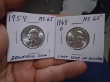 1954 & 1964 D Mint Silver Washington Quarters