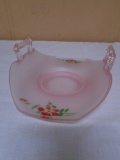 Vintage Pink Satin Depression Glass Basket w/ Hand Painted Flowers