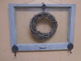 Antique Painted & Decorated Wood Frame Window w/ 3 Iron Hooks