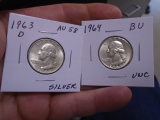1963 D Mint & 1964 Silver Washington Quarters