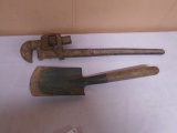 Large Pipe Wrench & Vintage Camping Shovel
