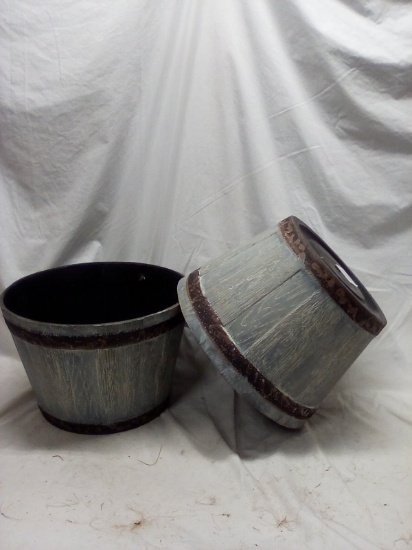 Set of 14.75" White Wash Resin Whiskey Barrel Planters