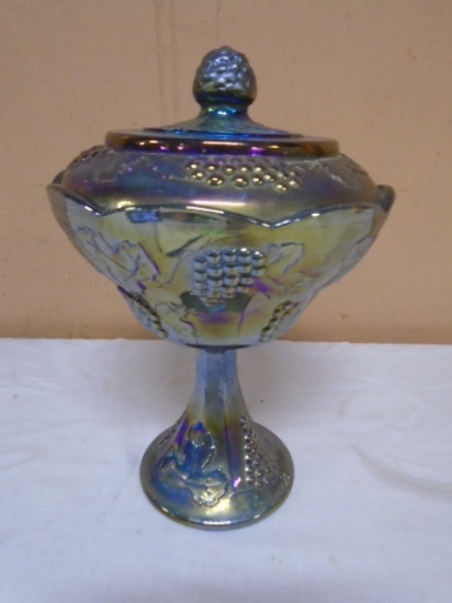 Vintage Indiana Glass Blue Iridescent Harvest Grape Carnival Glass Pedistal Candy Dish