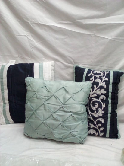 3 decorative pillows,  L-16x16”,  M 14x15”, R-11.5x16”