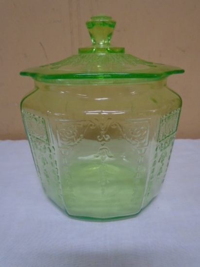 Green Depression Glass Cookie Jar w/ Lid