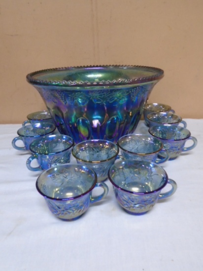 Vintage Indiana Glass Blue Iradecent Carnival Glass Punch Bowl w/ 10 Cups