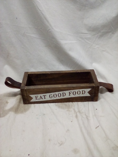 13"x5"x3.5" Wood w/ Leather Handles "Eat Good Food" Basket