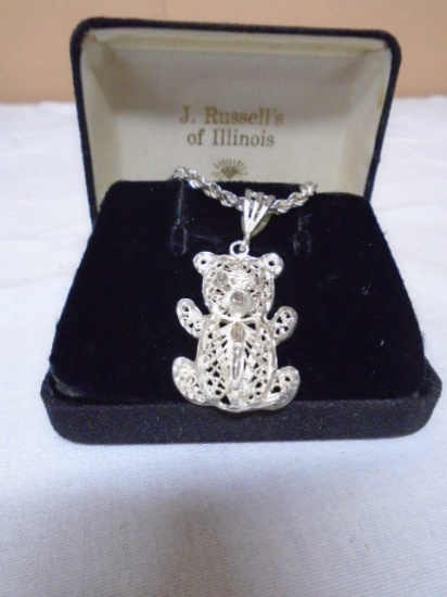 Sterling Silver Fillagred Teddy Bear Pendant on 23in Necklace