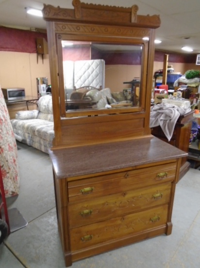 Gorgeous Ornate Antique Walnut 3 Drawer Chest w/ Marble Top & Mirror