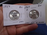 1954 &1964 D Mint Silver Washington Quarters
