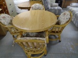 Round Lane Rattan Dining Table w/ 4 Matching Rolling Chairs w/ Cushions