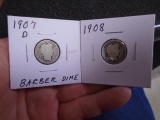1907 D Mint & 1908 Silver Barber Dimes