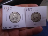 1937 D Mint & 1937 Silver Washington Quarters