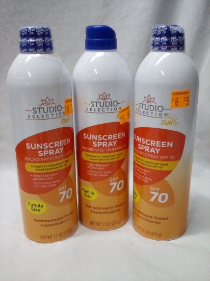 3 Studio Selection 11Oz Bottles of 70SPF Sunscreen Spray