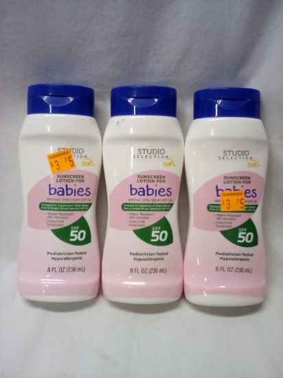 3 Studio Selection 8FlOz Bottles of 50SPF Sunscreen Lotion for Babies