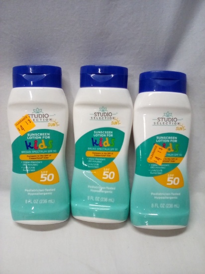 3 Studio Selection 8FlOz Bottles of 50SPF Sunscreen Lotion for Kids