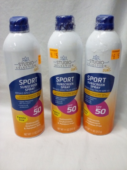 3 Studio Selection 11Oz Bottles of 50SPF Sport Sunscreen Spray