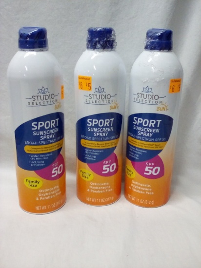 3 Studio Selection 11Oz Bottles of 50SPF Sport Sunscreen Spray