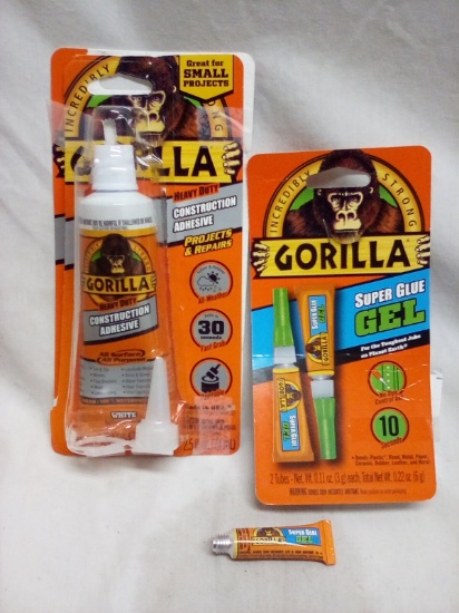 2 Pc Gorilla Glue Lot- (1)3g Super Glue Gel, (1)2.5FlOz White Construction Adh.