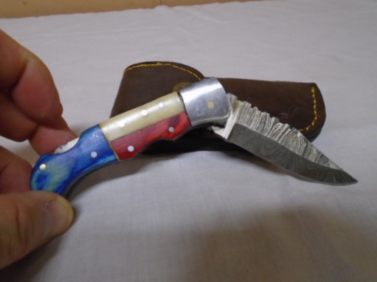 Custom Handmade Damascus Blade Folding Lockblade Knife w/Leahter Sheath
