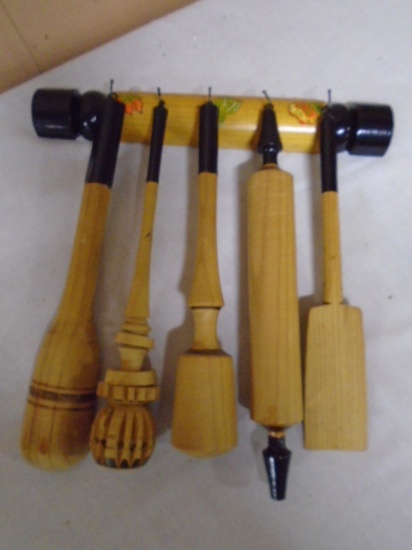 Vintage 5pc Wooden Kitcher Tool Set w/ Wall Hanger